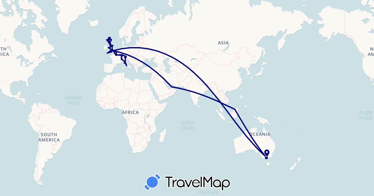 TravelMap itinerary: driving in United Arab Emirates, Austria, Australia, Brunei, Switzerland, Germany, France, United Kingdom, Italy (Asia, Europe, Oceania)